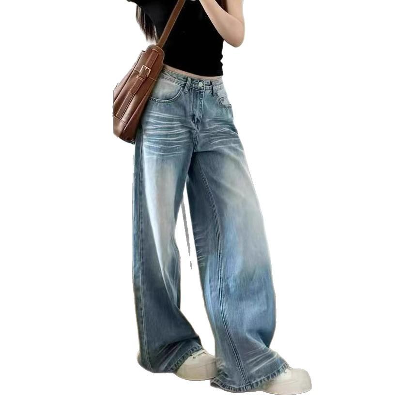 Blue Plus Size Straight Jeans Female Autumn Loose High-waisted Small Person Wide Leg Trailing Long Trousers Jeans for Women Long Denim Pants