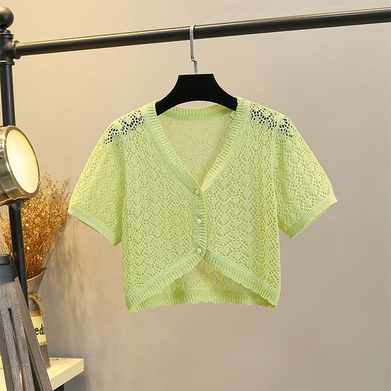 

Кардиган Ледяной шелк Вязаный Вырез Тонкое Платье на бретелях Короткий рукав Avocado Green -8066 L