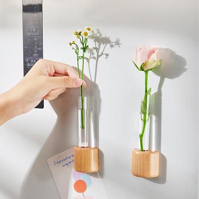 Wooden Wall Cube Flowerpot Plant Cultivation Station Plastic Tube Single Stem Flower Bud Vase Mini Vase Refrigerator Decoration