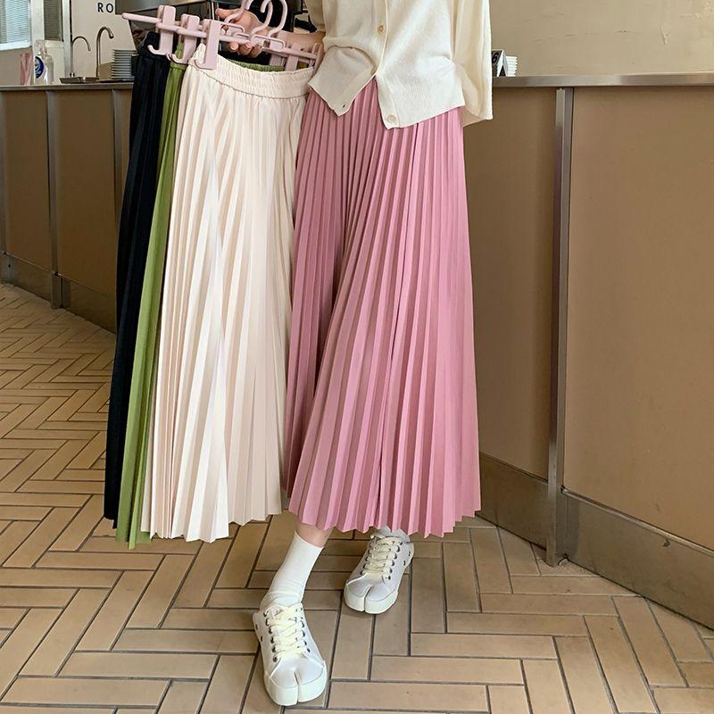 Luxury Long Pleated Skirts for Women Spring New Elegant Office Ladies Chic Elastic Band Fashion A Line Midi Skirt