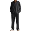 Solid-Color Textured Casual Collared Pullover Long-Sleeve Top And Pants Sports Set