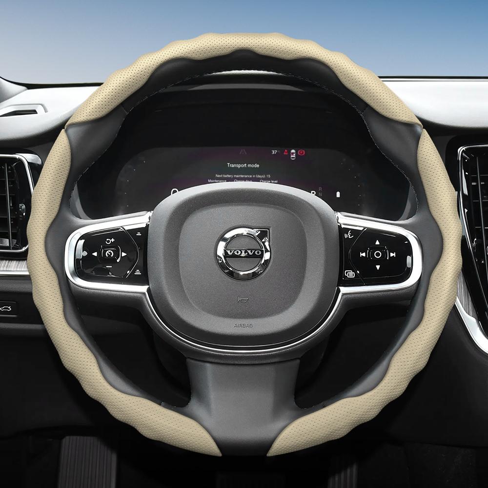 Steering Wheel Cover for Volvo, Wave-Shaped Sporty Design, Breathable Leather, Segmented, Non-Slip, Sweat-Absorb