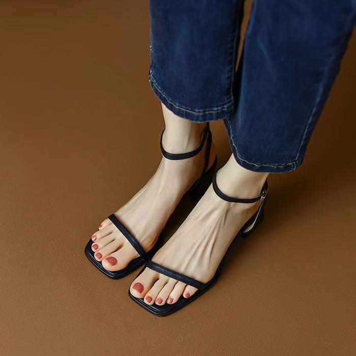 Heartbeat~! Classic Versatile Square Head Open-toed Middle Heel with Sandals Women's Summer Thick Heel