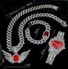 Stock Gold Men's Jewelry Set Alloy and Bling Rhinestone Iced Out Hip Hop Quartz Watch Bracelet Wing Pendant Necklace