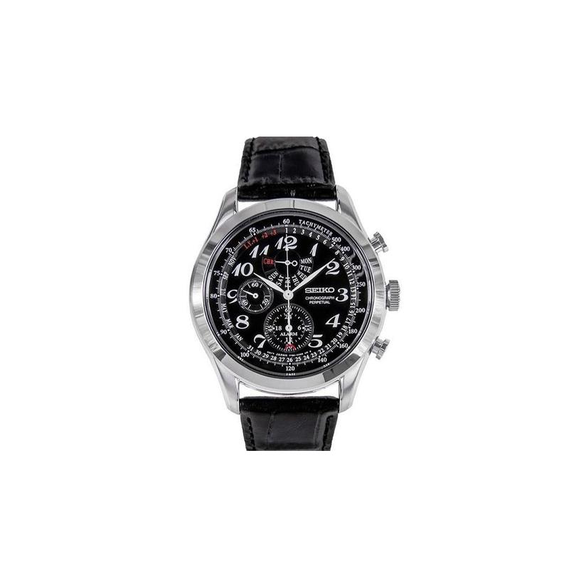 Seiko Men's Black 100 Meters Waterproof Quartz Leather Strap Watch Dial Spc133p1