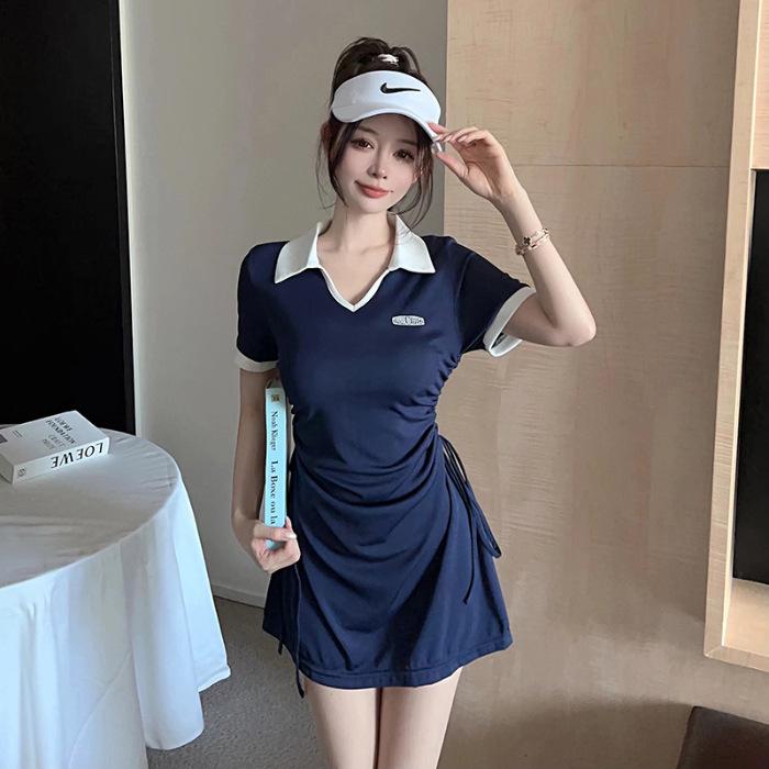 

[Real shot] French college style polo collar hip dress pleated summer new women s clothing versatile and thin short M