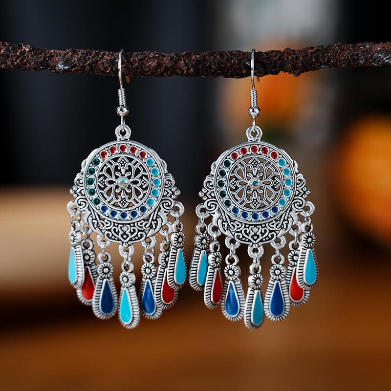 Ethnic Style Drop Oil Tassel Water Drop Earrings for Women Elegant Silver Color Vintage Hollow Out Carved Earring Female Jewelry
