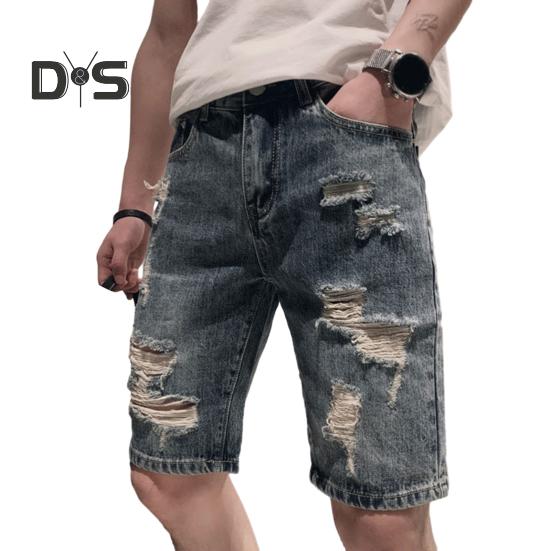 

Летние рваные джинсовые шорты со средней посадкой, карманами, молнией, пуговицами, прямые брюки, длиной до колена, мужские короткие джинсы в уличном стиле M синий