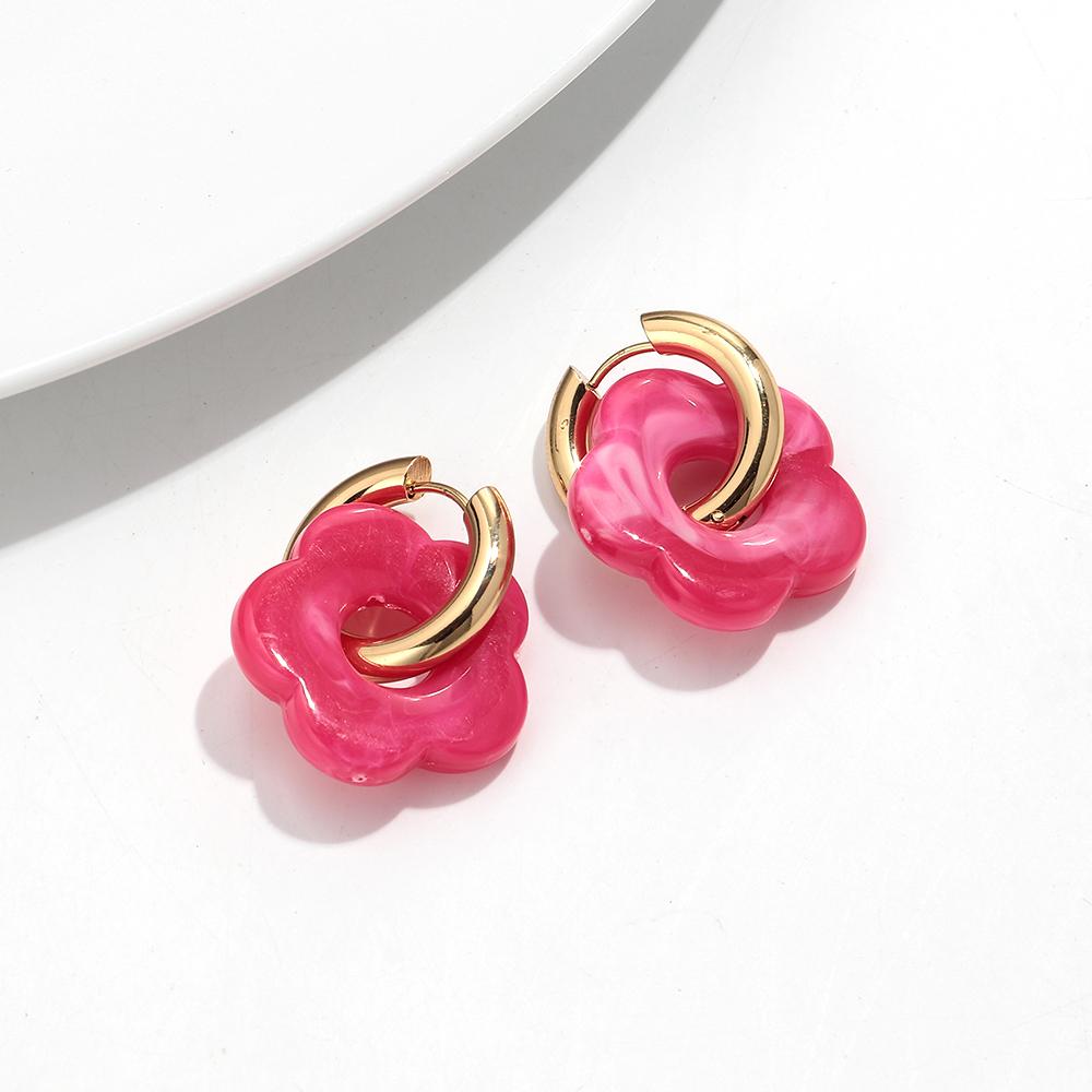 Colorful Flower Resin Acrylic Charms Earring Gold Color Circle Ear Buckle Hoop Earrings Fashion Jewelry for Women