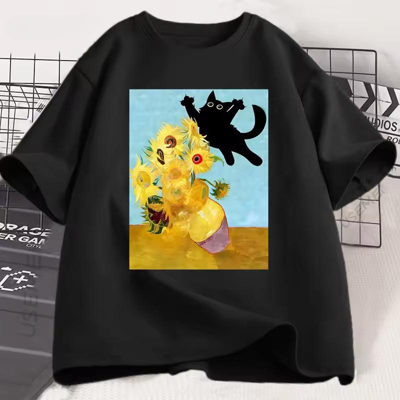 Vincent Van Gogh Cat T-shirt Women Sunflowers Print Tshirt Funny Cute Cat Kitten T Shirt Cotton Short Sleeve Clothes