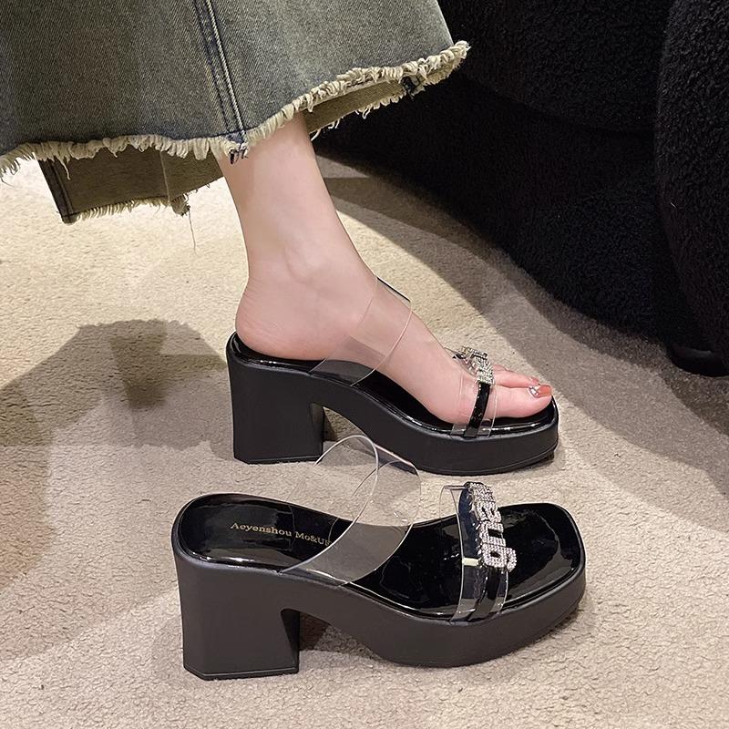 Thick-soled High-heeled Slippers for Women's Summer Outer Wear New Year's Transparent One-word with Rhinestone Thick Heel Premium Cool Slippers