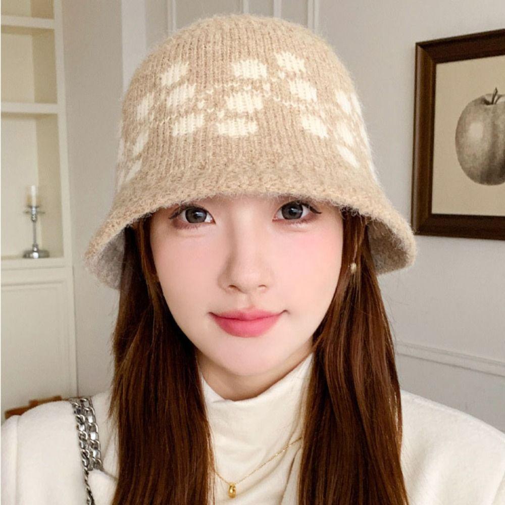Sweet Floral Knitted Bucket Hat Retro Warm Fisherman Hat Jacquard Woolen Hat  Autumn and Winter