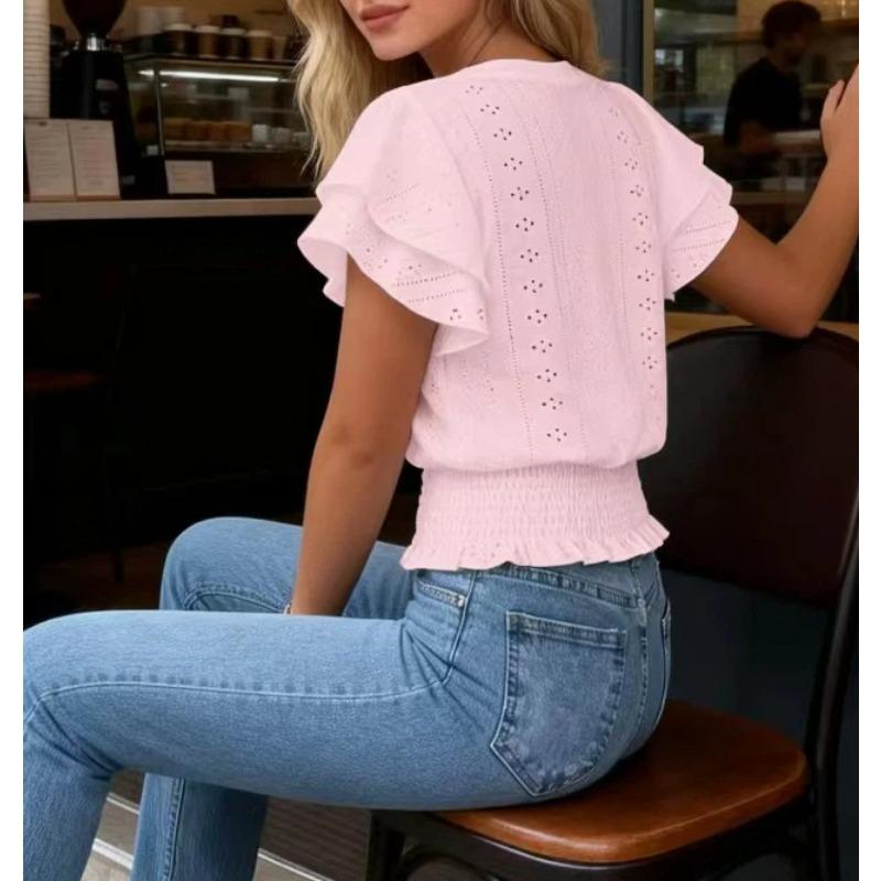 Women Round Neck Eyelet Embroidery Ruffle Sleeve Smocked Waist Casual Blouse Tops