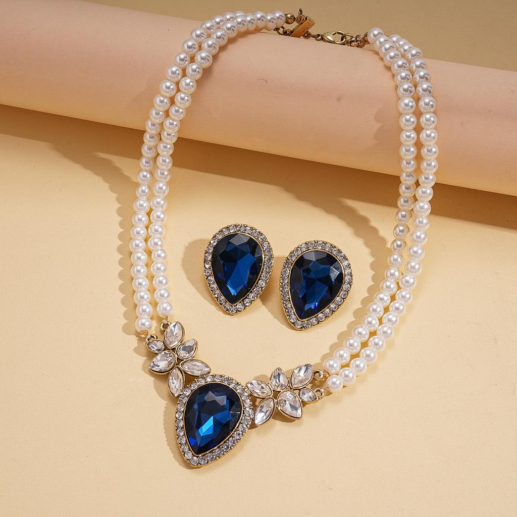 Turquoise Blue Diamond Flower Stud Earrings Necklace Light Luxury Niche Clavicle Chain Premium Jewelry Set
