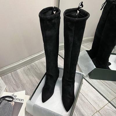 2025 neue Herbst- und Winter-Samtsocken-Stiefel spitz zulaufende High-Heel-Stiefel elastische dünne dicke Absätze dünne Beine Kniestiefel Damen