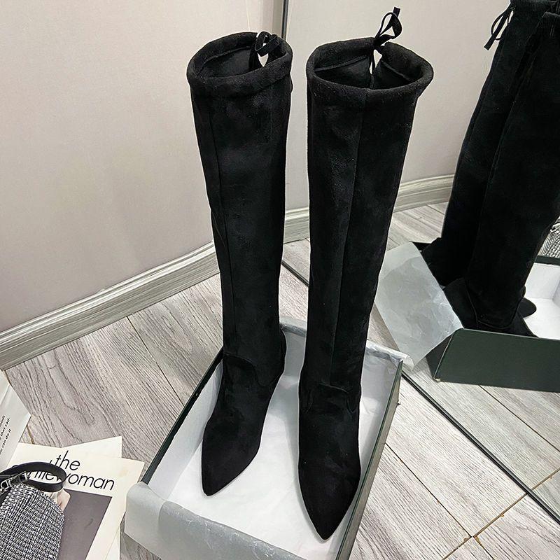 2025 New Autumn and Winter Velvet Socks Boots Pointed High Heel Boots Elastic Thin Thick Heel Thin Legs Knee Boots Women
