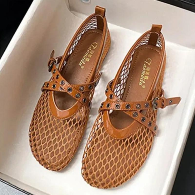 Fashion Fashion Cross Tied Belt Buckle Ballet Flats Women Comfortable Hollow Mesh Mary Jane Shoes Breathable Non-slip Beach Casual Shoes