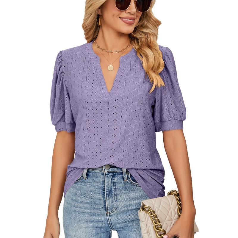 Summer Casual V-neck Solid Color Hollow Bubble Sleeve Loose T-shirt Top for Women Shirt
