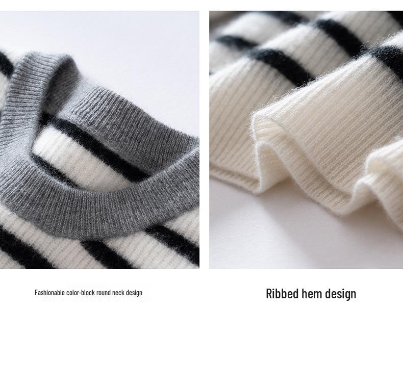 Autumn Winter Striped Round Neck Women's Cashmere Knit Sweater Pullover