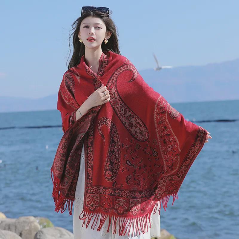 Ethnic Style Cashew Pattern Shawl Cloak Scarf: Imitation Cashmere, Thick, Dual-Purpose Women's Accessory for Autumn/Winter