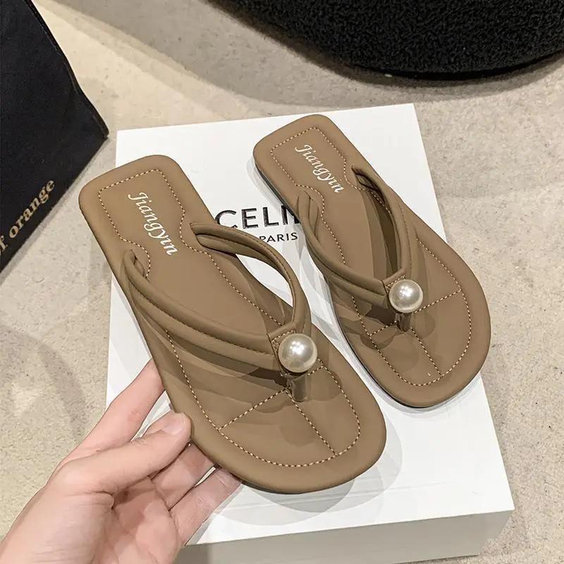 Perlen-Clip-Zehensandalen Damen Sommerbekleidung Flachboden Weichsohle Tourismus Küste Strand Hausschuhe 2025 neue Sandalen