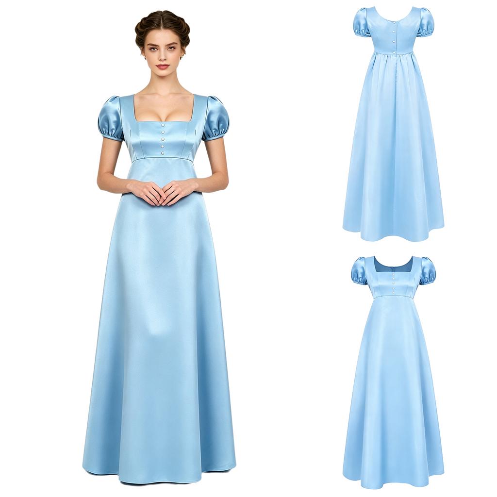 Maxikleid mit quadratischem Ausschnitt und Puffärmeln, mit Kunstperlen, Empire-Taille, Knöpfe hinten, Satin, Regency-Kleid für Damen, Party, Ball
