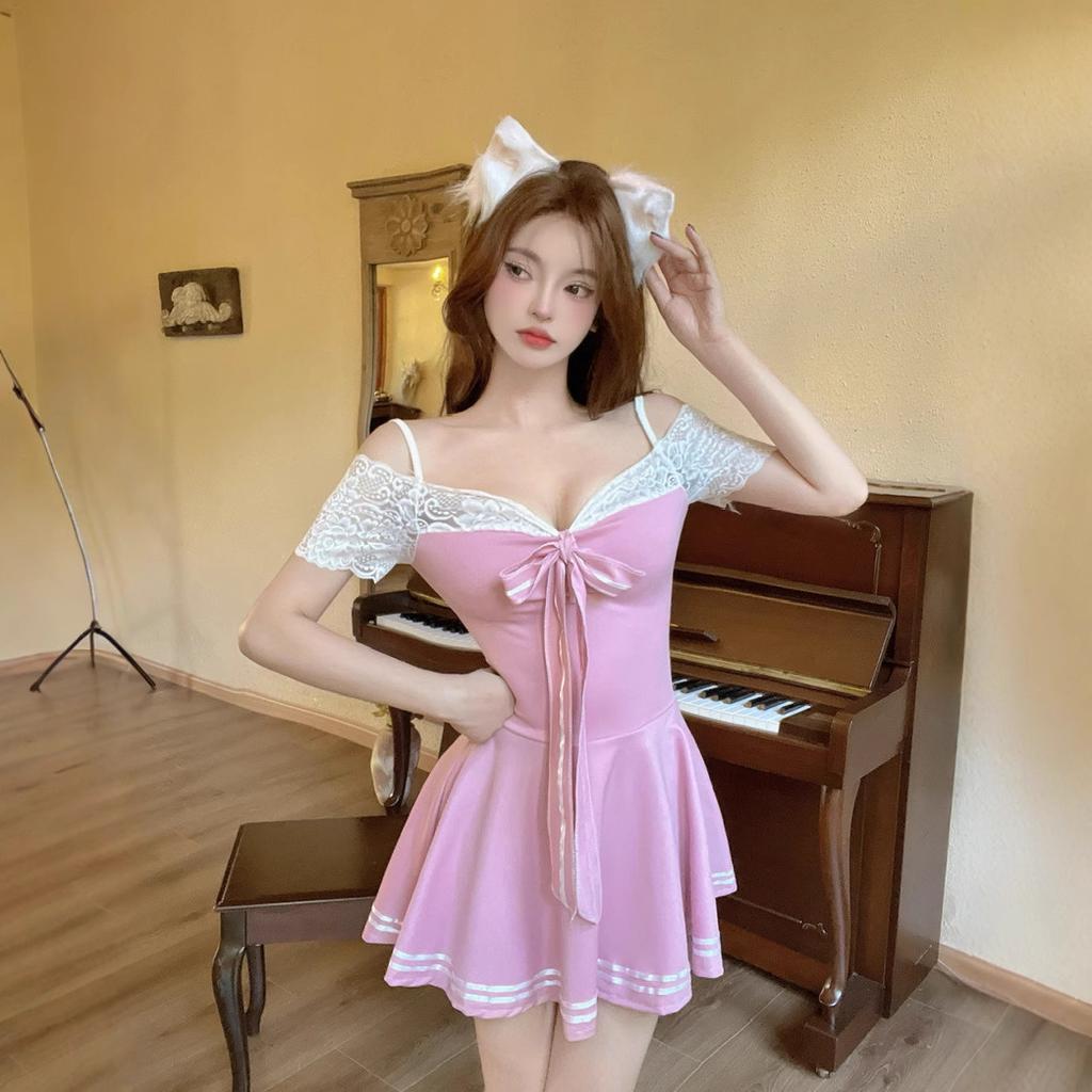 Sexy lace splicing waist pendulum new bow off-the-shoulder dress nightclub women's fashion skirt