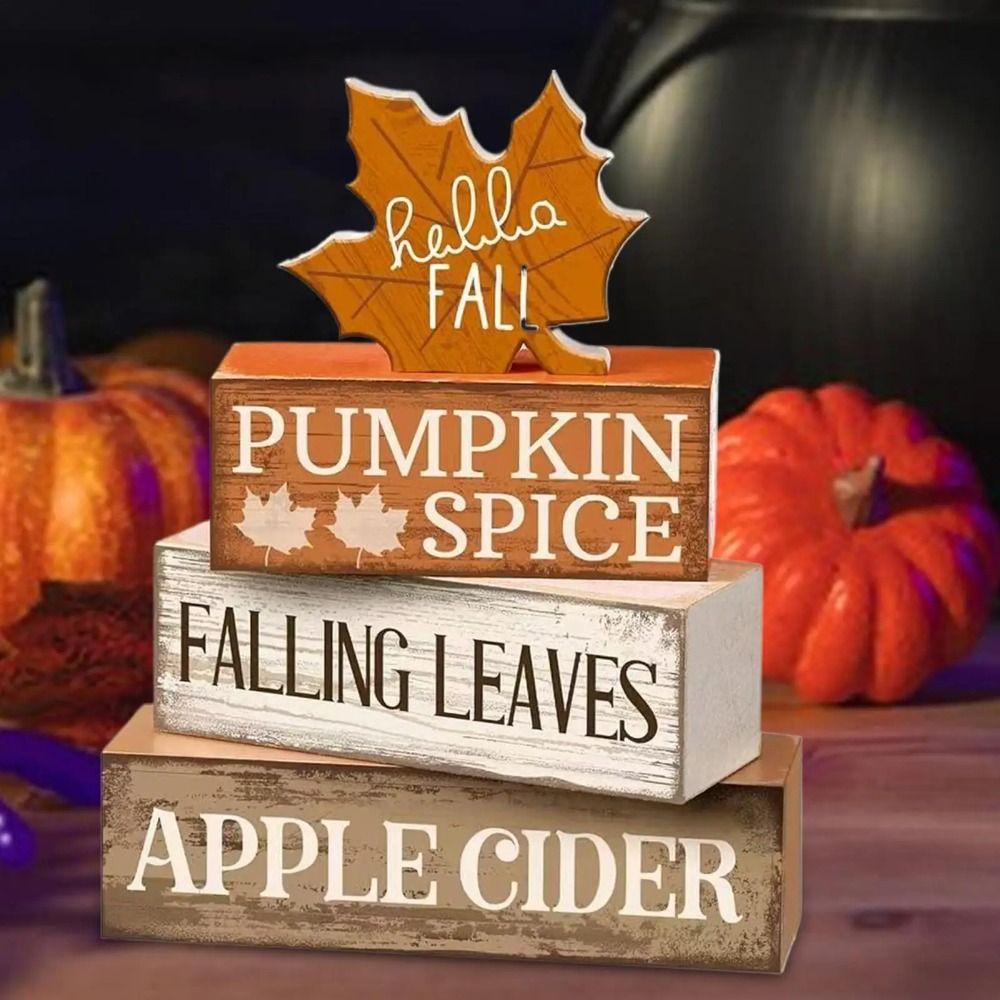 4Pcs Wooden Christmas Table Decoration Tiered Rustic Maple Leaf Tiered Trays with Block Signs Fall Tabletop Sign