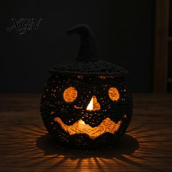 Handmade Fall Decor Handwoven Halloween Pumpkin Basket, Spooky Candy Storage Basket with Lid, Vintage Wicker LED Lantern for Light Up Candle