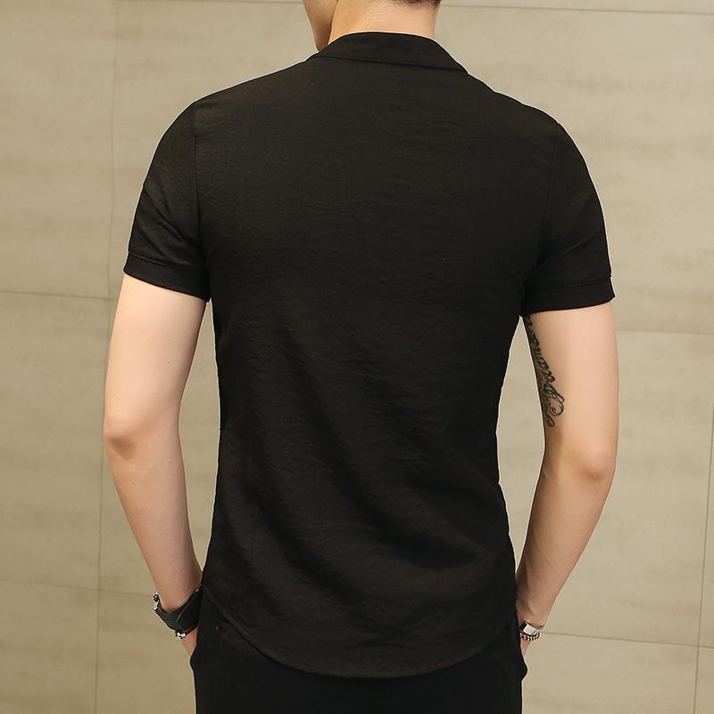 Men's Slim Fit Solid Color Frog Button Stand Collar Short Sleeve Shirt, Plus Size Casual 2025 Summer Collection