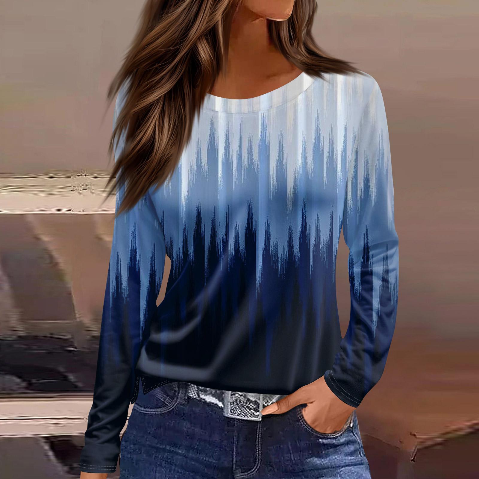 

Женская модная повседневная свободная футболка с разрезом и круглым вырезом с длинным рукавом с принтом, женский топ XXL синий