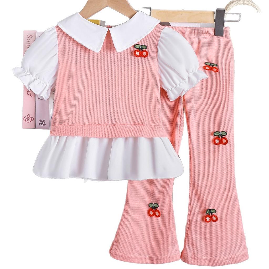 Modisches Mädchen-Set Sommer Kinder Niedliches Fake-Zweiteiler Kurzarmshirt + Schlaghose Set