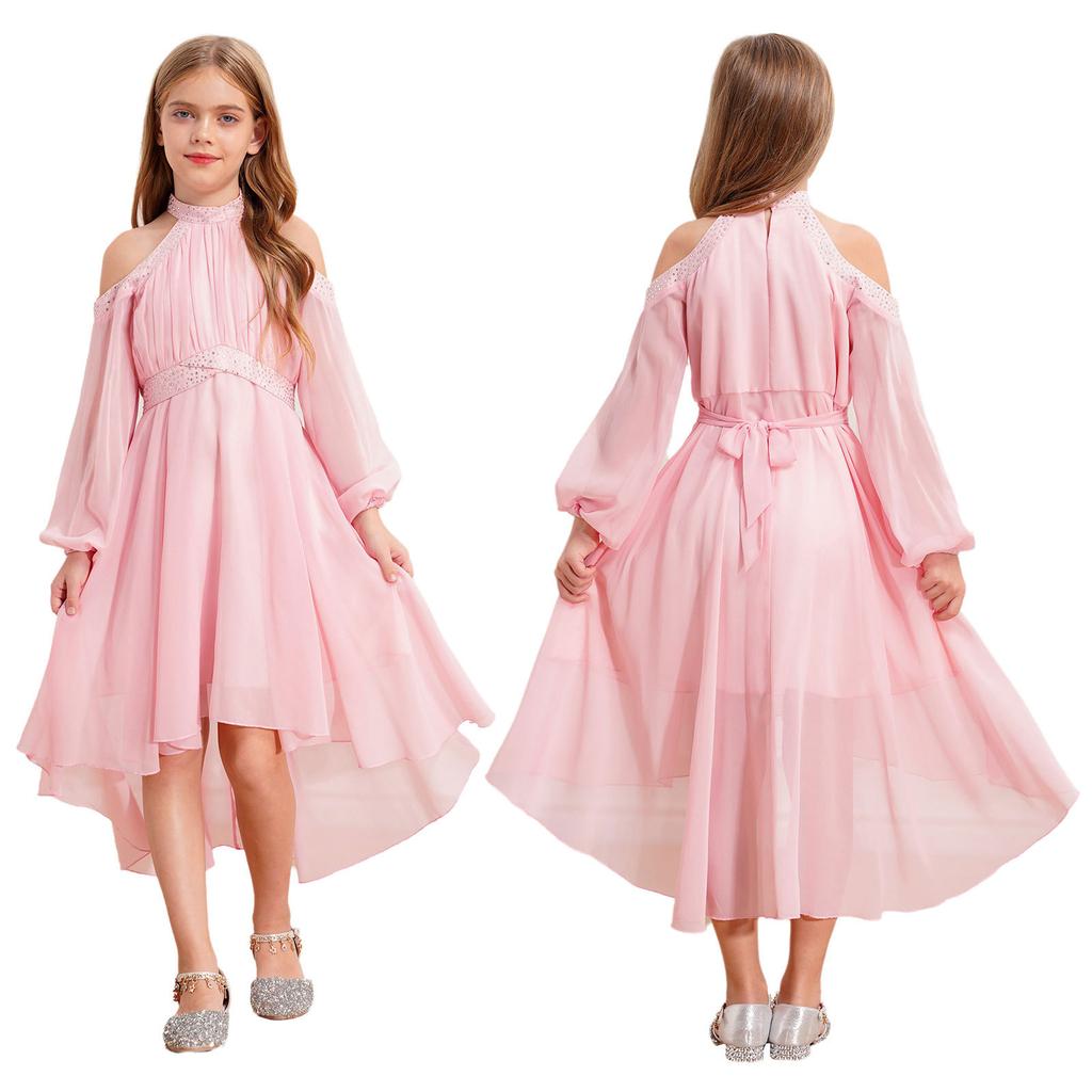 Children‘s High Waist Ruffled Dress Halter Off Shoulder Long Sleeve Irregular Hem Fake Diamond Embellished for Prom Wedding Party