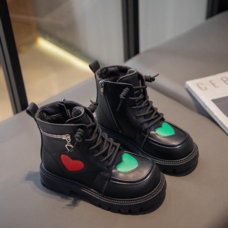 Girls Fashion Boots Kids Rubber Boots Cool Autumn and Winter Cotton Soft Sole Pink with Love Side Zip Children Princess Boots PU