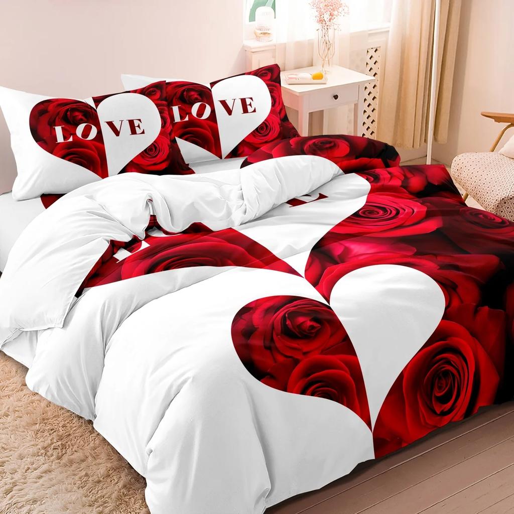 3pcs Valentine's Day Bedding Set Red And White Heart Rose Lettering Print Duvet Cover Set Romantic Design Soft Fabric