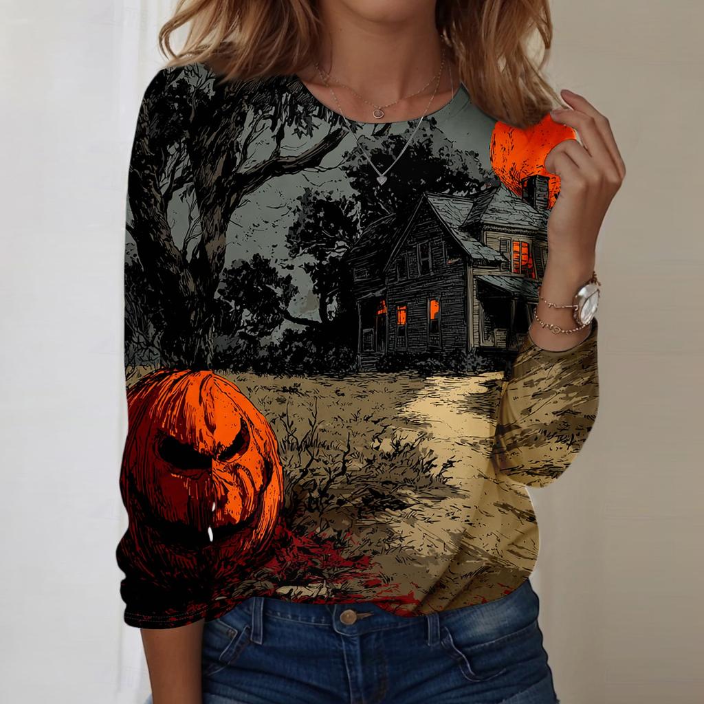 Women's Casual Long Sleeve Neck Top with Halloween Print