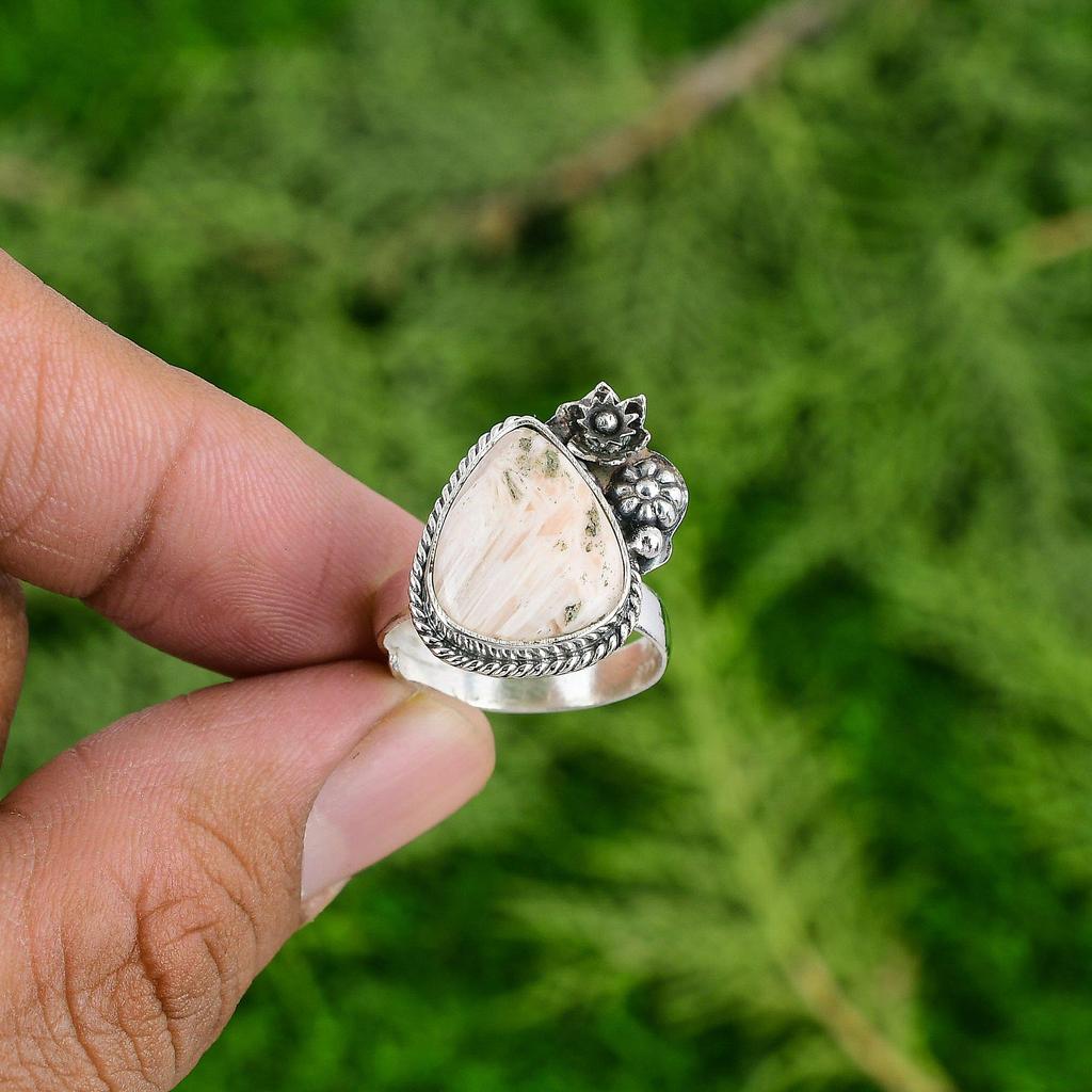 925 Silver Pear Crown Chakra Scolecite Stone Promise Flower Sister Ring Jewelry