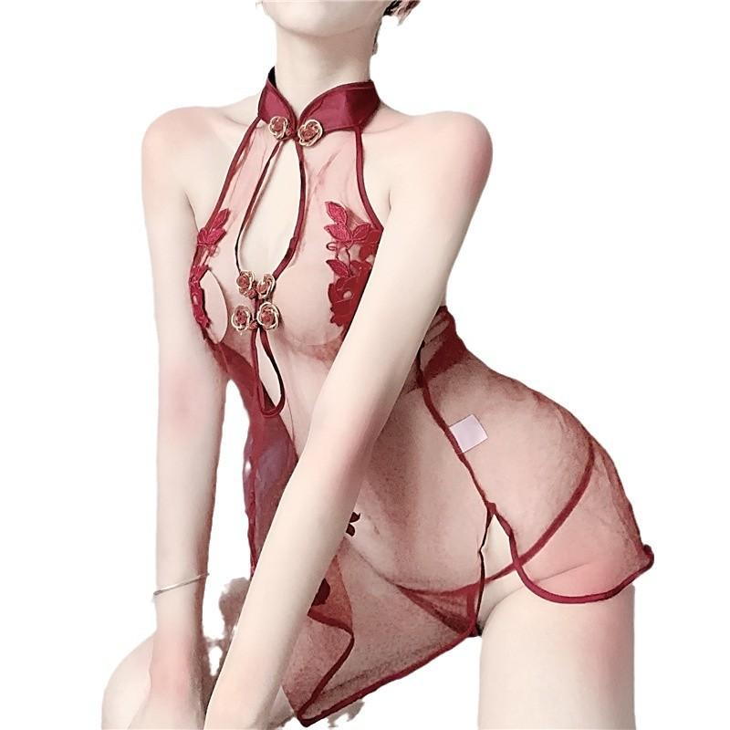 Sex underwear neck see-through mesh sexy transparent nightdress temptation embroidered cheongsam