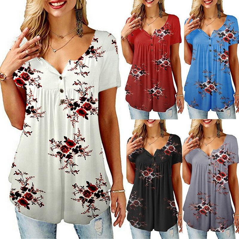 Women Floral Short Sleeve T Shirt Tops Ladies Tunic Baggy V Neck Pullover Blouse