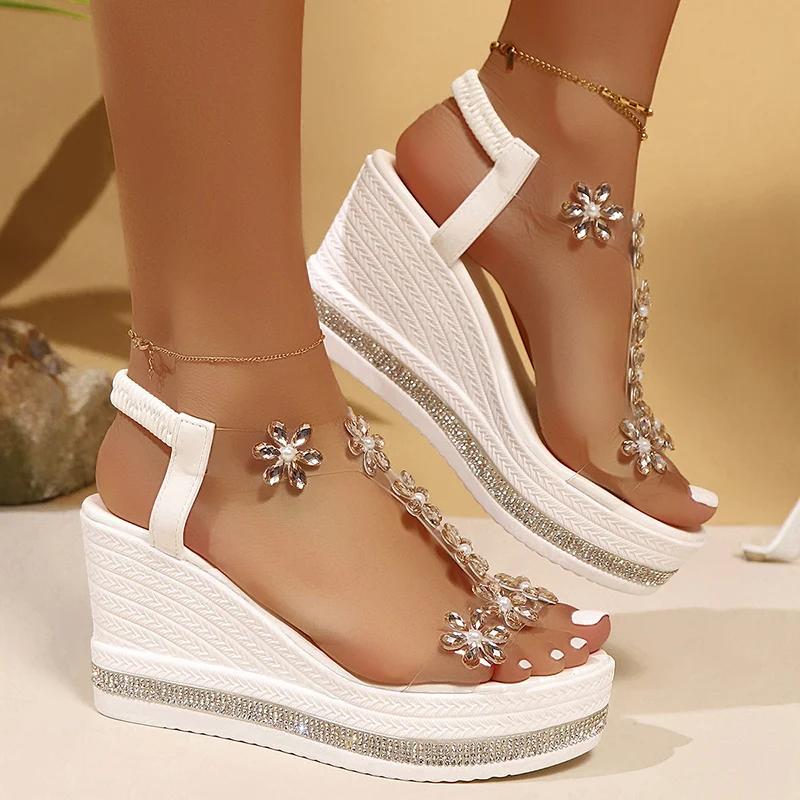 Fashion Chunky Platform Crystal Floral Sandals Women High Heels Wedges Pvc Gladiator Shoes Woman Plus Size Ankle Strap Sandalias Mujer