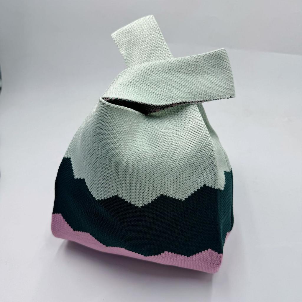 Women's Knot Wrist Bag Handmade Knitted Bag Portable Mini Striped Tote Bucket Phone Bags Large Capacity Autumn Winter Handbags