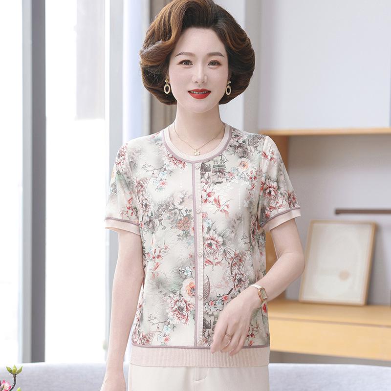 2026 High-End Ice Silk T-Shirt for Moms: Short Sleeve, Chinese Style, Elegant and Lightweight, Ideal for Middle-Aged & Elderly Women
