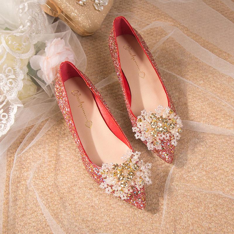 Spring large size French red wedding shoes bridal shoes rhinestone low heels women's pointed single shoes