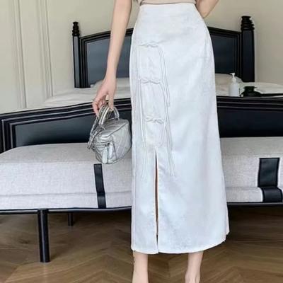 Neuer chinesischer Stil Schnalle Vielseitiges Temperament Schlitzrock Sommer Neu Retro Hohe Taille Mittellanger Rock
