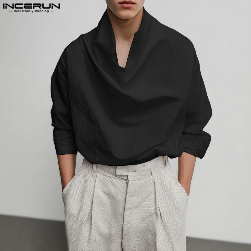 INCERUN Oversized Men Swing Collar Long Sleeve Casual Loose Solid Tops Shirts
