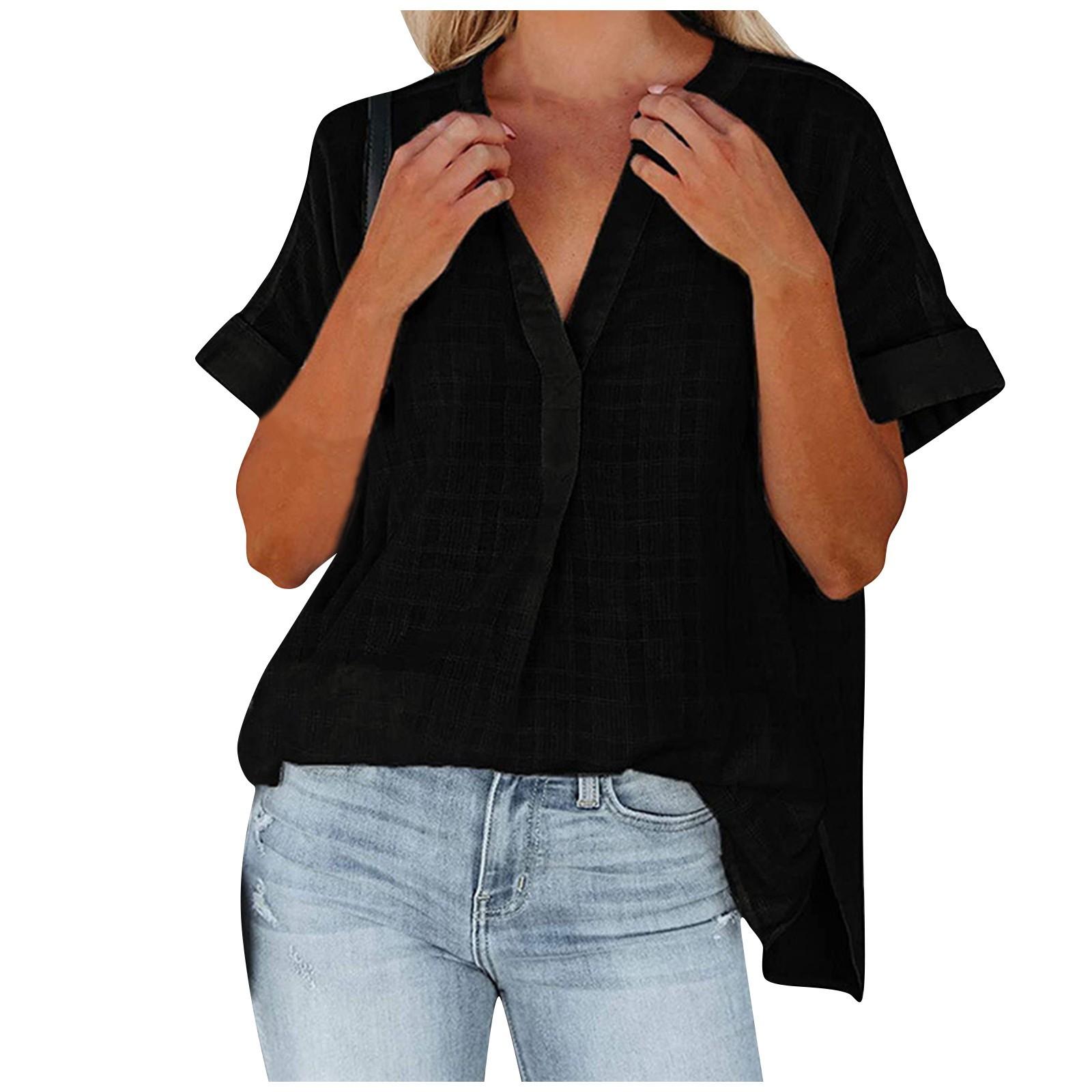 

Женская модная однотонная свободная клетчатая рубашка с короткими рукавами и v-образным вырезом L чёрный