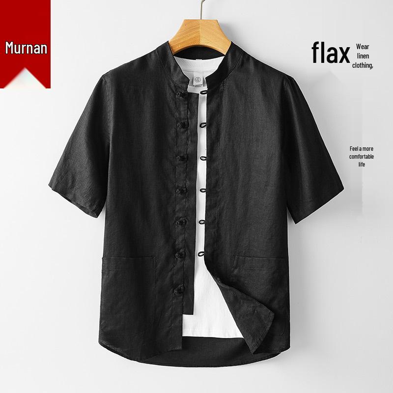 Herrskjorta i kinesisk stil, linne, uppstående krage, kortärmad, retro