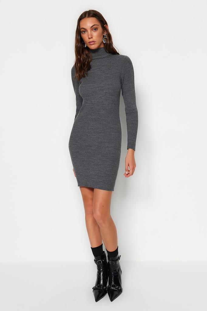 Women's Dress New Season Fashion Anthracite Mini Knitwear Dress with Accessory Detail