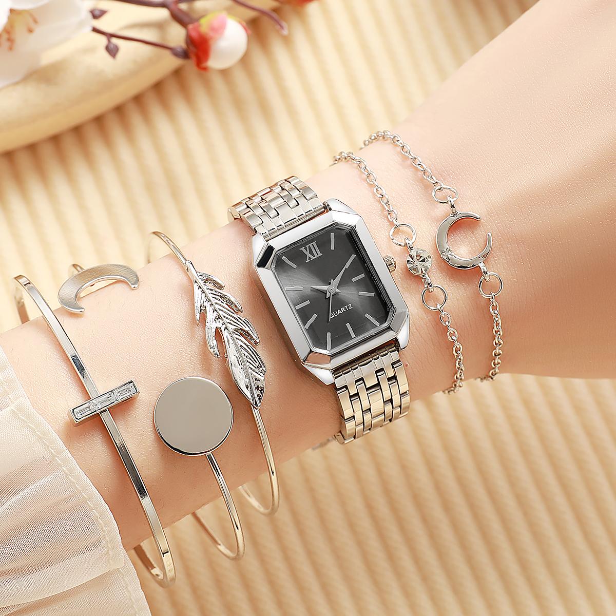 New simple and versatile square women s watch with ins style steel strap and fashionable quartz strap bracelet set серебряный