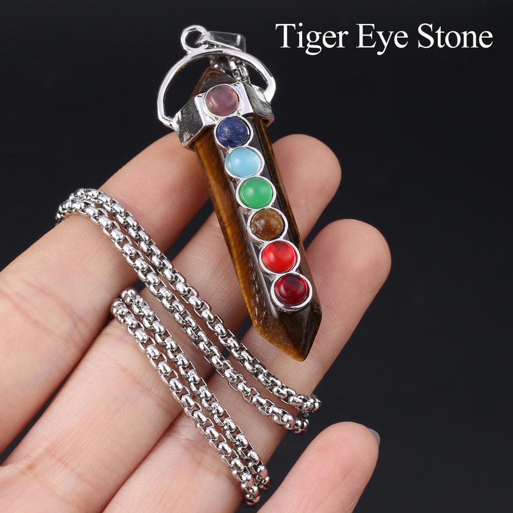 1Pc, Spiritual Healing Crystal Pendant Necklace, Geometric Double-pointed Hexagonal Pyramid Inlaid Seven Chakra Gems Charms Necklaces for Women Men